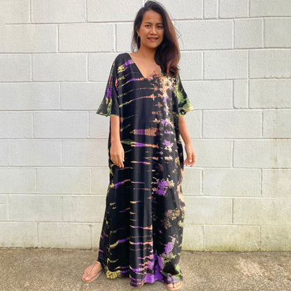 Women's Tie-Dye Kaftan Maxi Dress - Loose Fit, V-Neck Modest Cover-Up