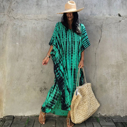 Women's Tie-Dye Kaftan Maxi Dress - Loose Fit, V-Neck Modest Cover-Up