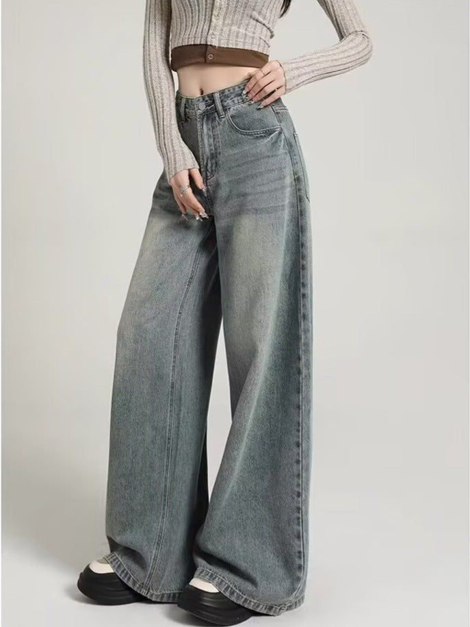 Retro High Waist Wide Leg Jeans Vintage Blue Cotton Blend