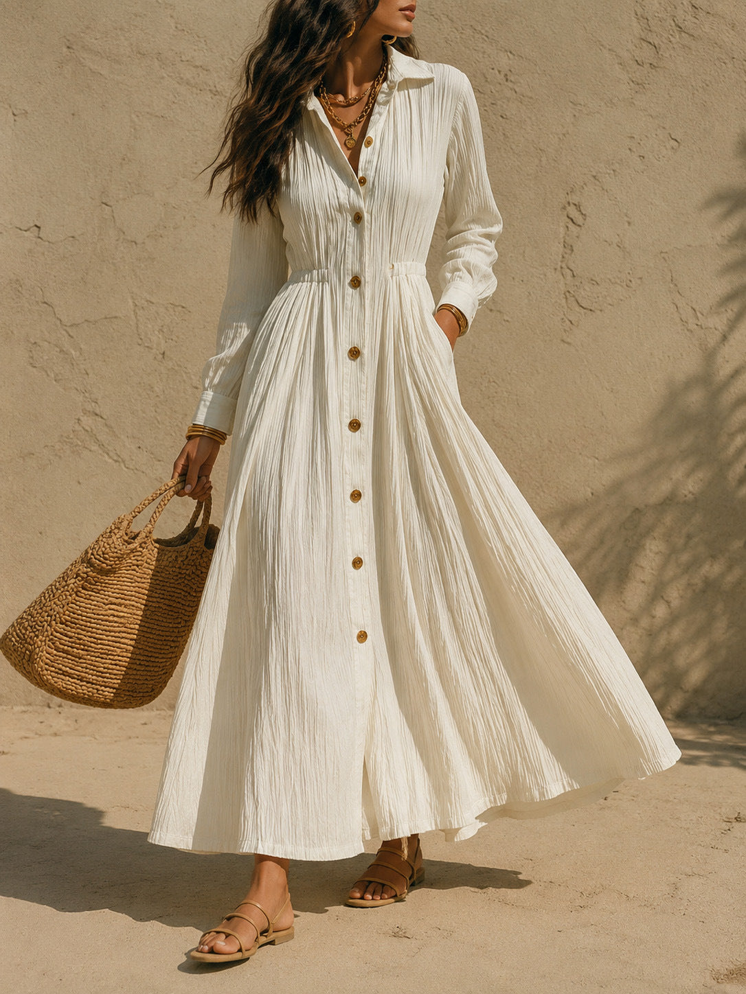 Women's Button-Front Maxi Shirt Dress – A-Line Long Sleeve