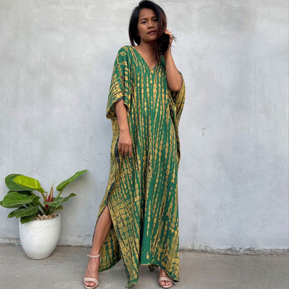 Women's Tie-Dye Kaftan Maxi Dress - Loose Fit, V-Neck Modest Cover-Up