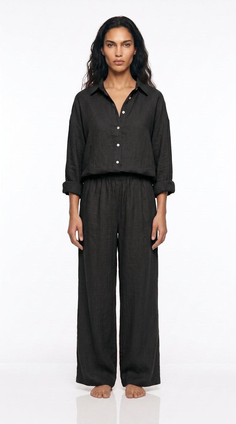 Women's Linen Co-ord Set – Oversized long  Shirt & Wide Leg Trousers