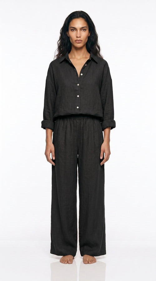 Women's Linen Co-ord Set – Oversized long  Shirt & Wide Leg Trousers