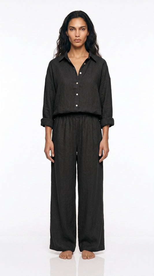 Women's Linen Co-ord Set – Oversized long  Shirt & Wide Leg Trousers