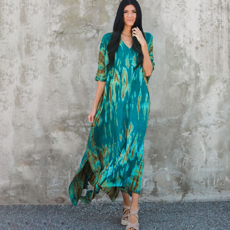 Women's Tie-Dye Kaftan Maxi Dress - Loose Fit, V-Neck Modest Cover-Up