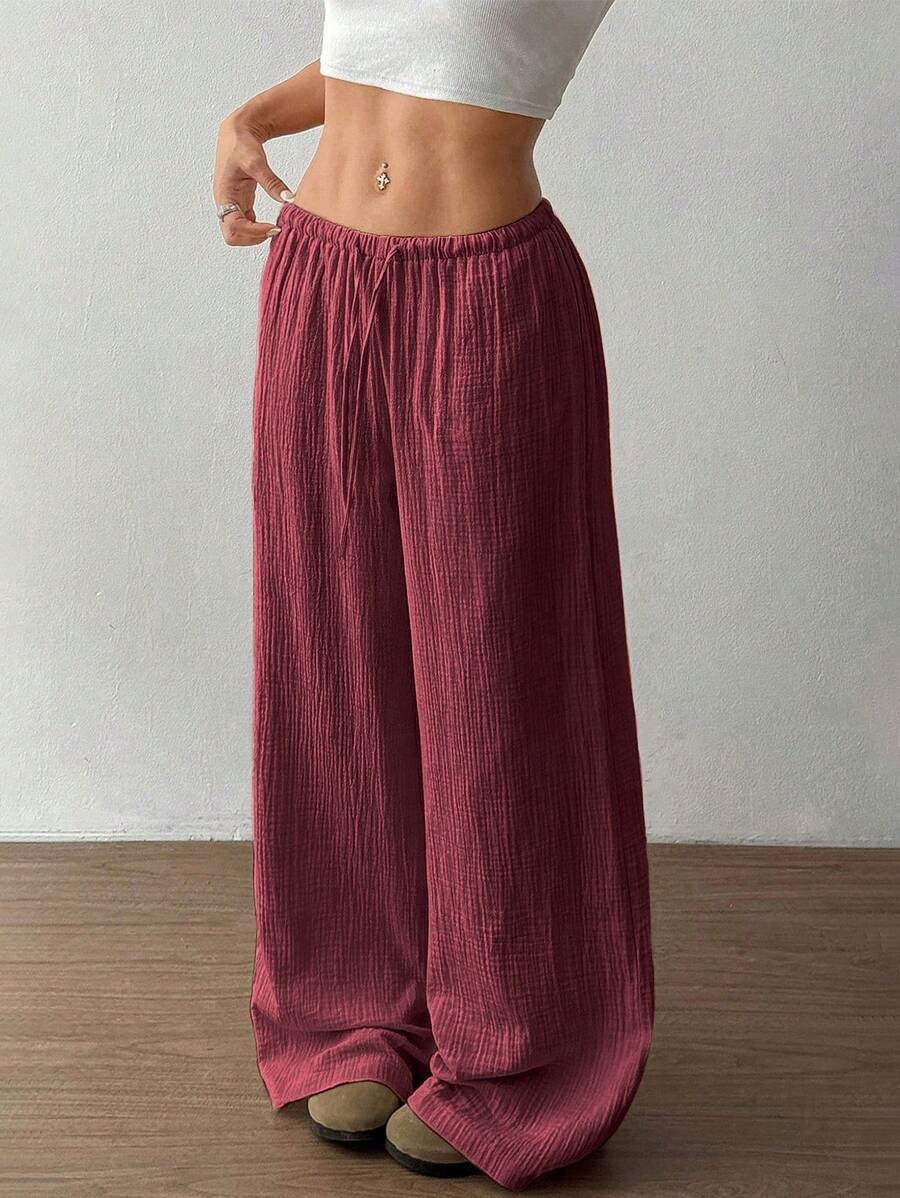 Women's Wide Leg Linen-Look Trousers – Elasticated Waist Relaxed Fit