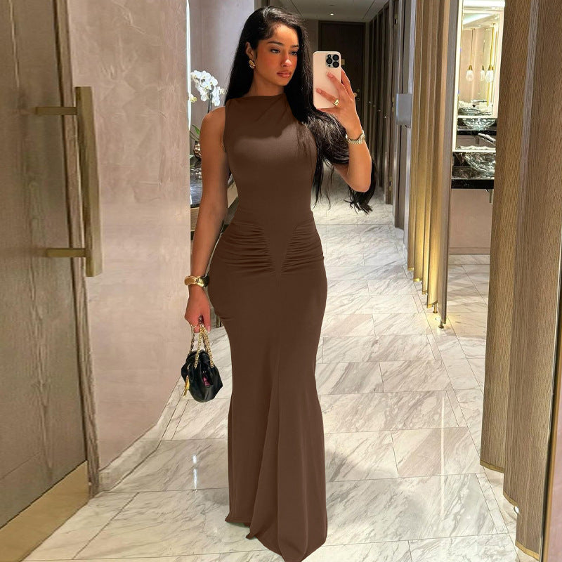 Bodycon Maxi Dress – Ruched Sleeveless Evening Dress