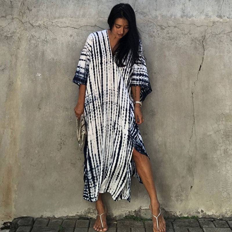 Women's Tie-Dye Kaftan Maxi Dress - Loose Fit, V-Neck Modest Cover-Up