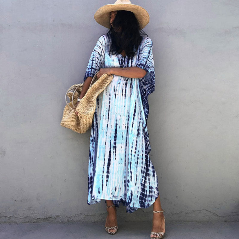 Women's Tie-Dye Kaftan Maxi Dress - Loose Fit, V-Neck Modest Cover-Up