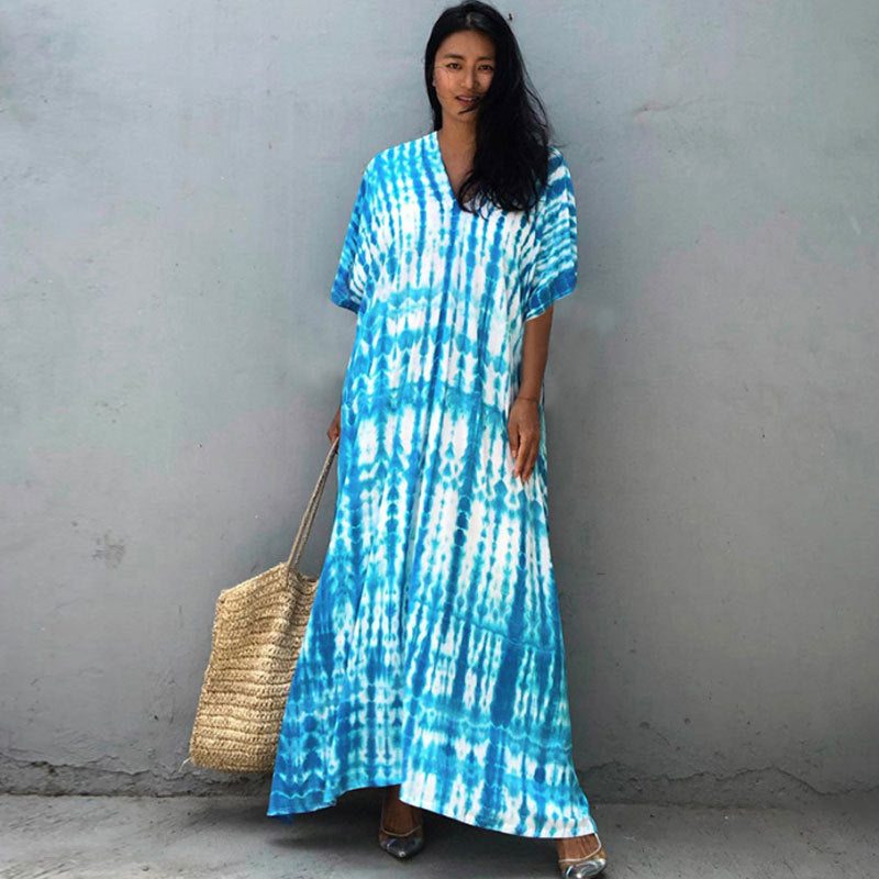 Women's Tie-Dye Kaftan Maxi Dress - Loose Fit, V-Neck Modest Cover-Up