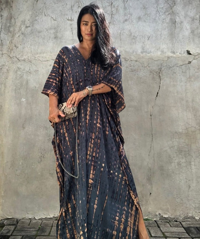 Women's Tie-Dye Kaftan Maxi Dress - Loose Fit, V-Neck Modest Cover-Up