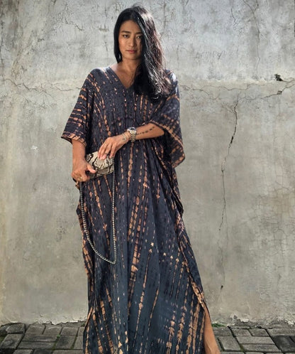 Women's Tie-Dye Kaftan Maxi Dress - Loose Fit, V-Neck Modest Cover-Up