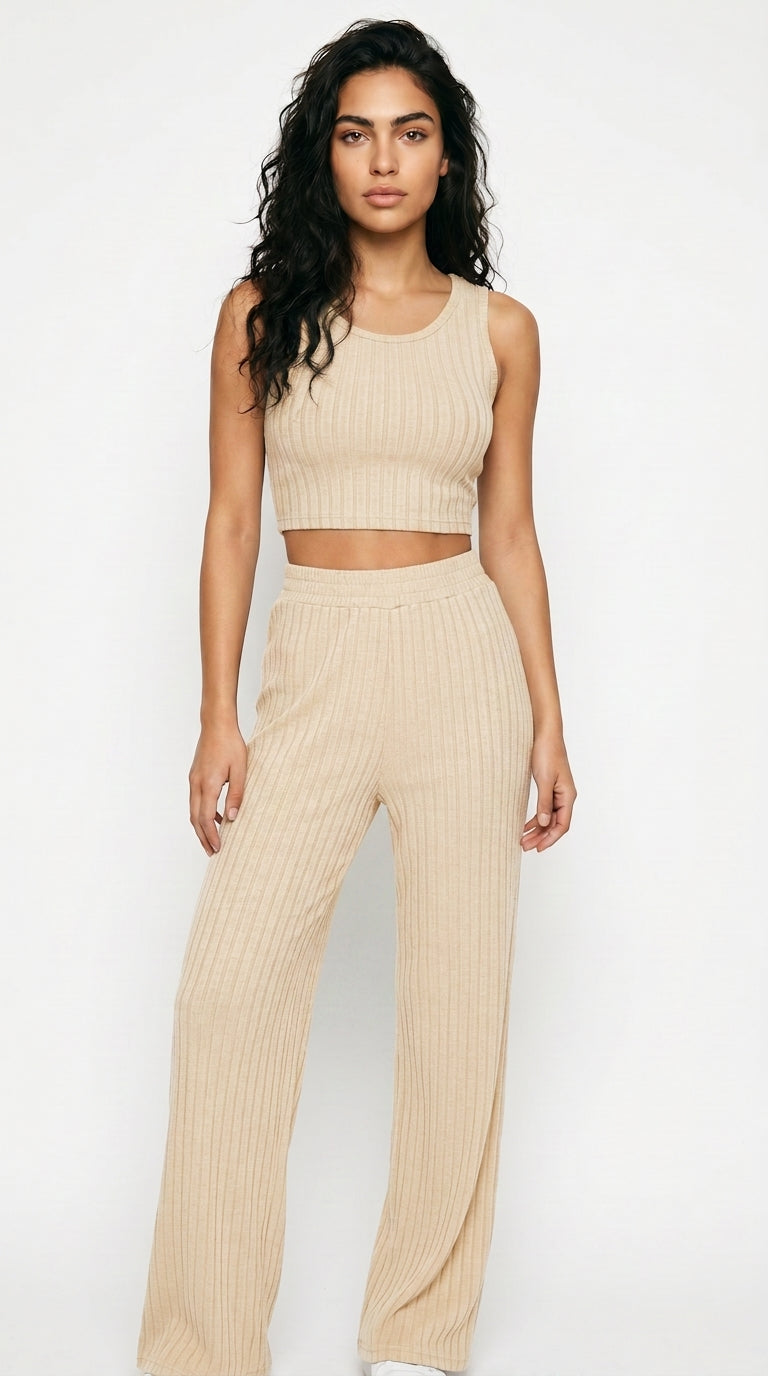 Ribbed Knit Crop Top and Wide Leg Pants Set Women