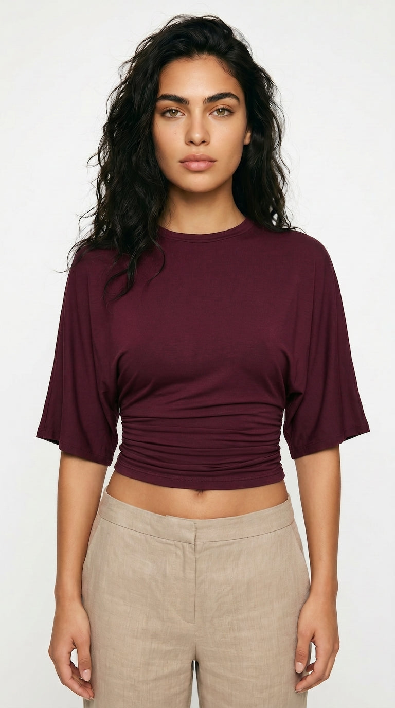 Women's Ruched Waist Crop Top Short Sleeve Black White