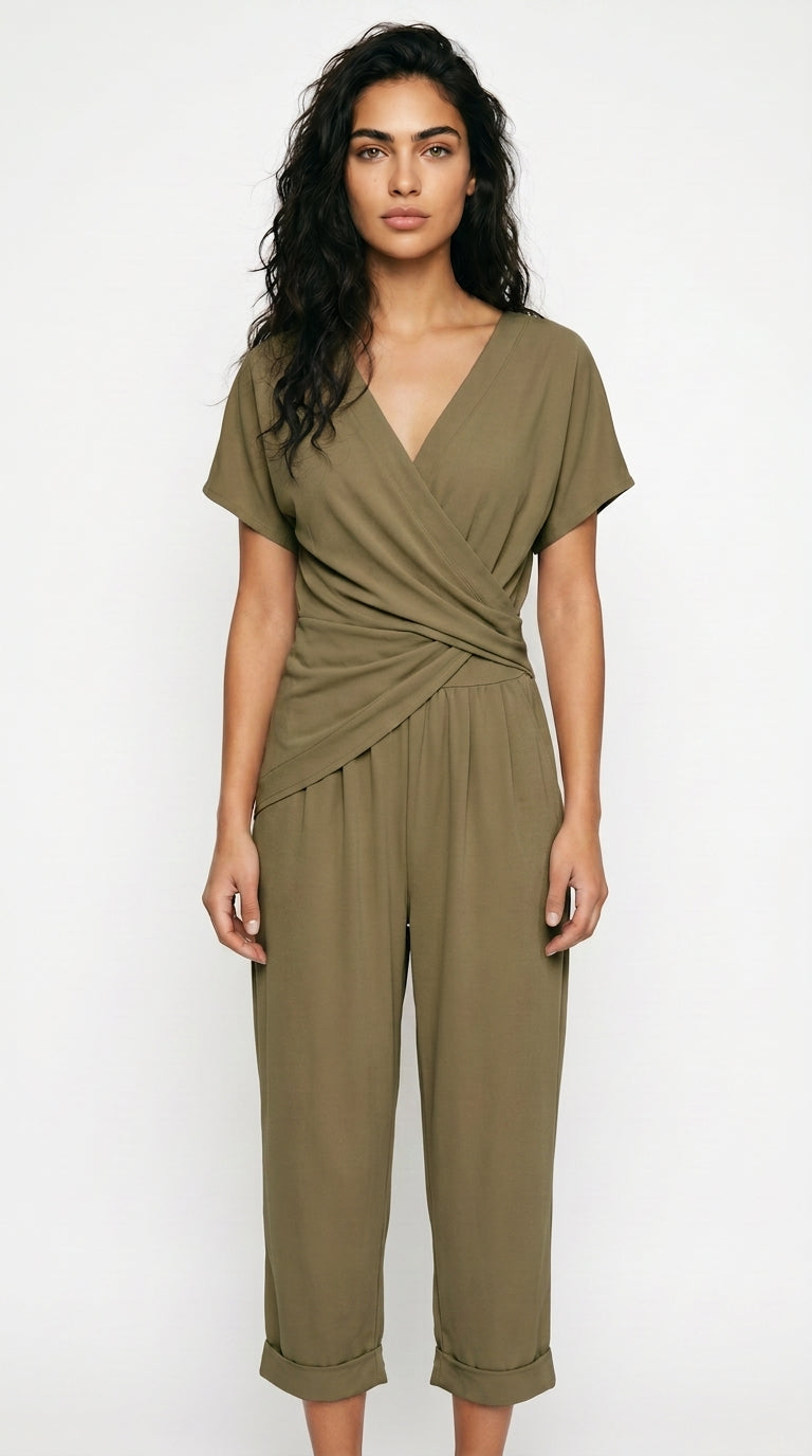 Women's Wrap Front Cropped Jumpsuit Short Sleeve