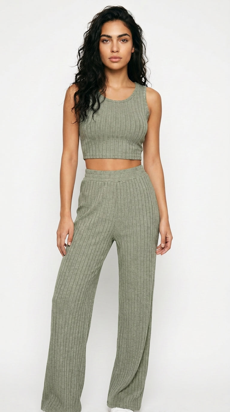 Ribbed Knit Crop Top and Wide Leg Pants Set Women