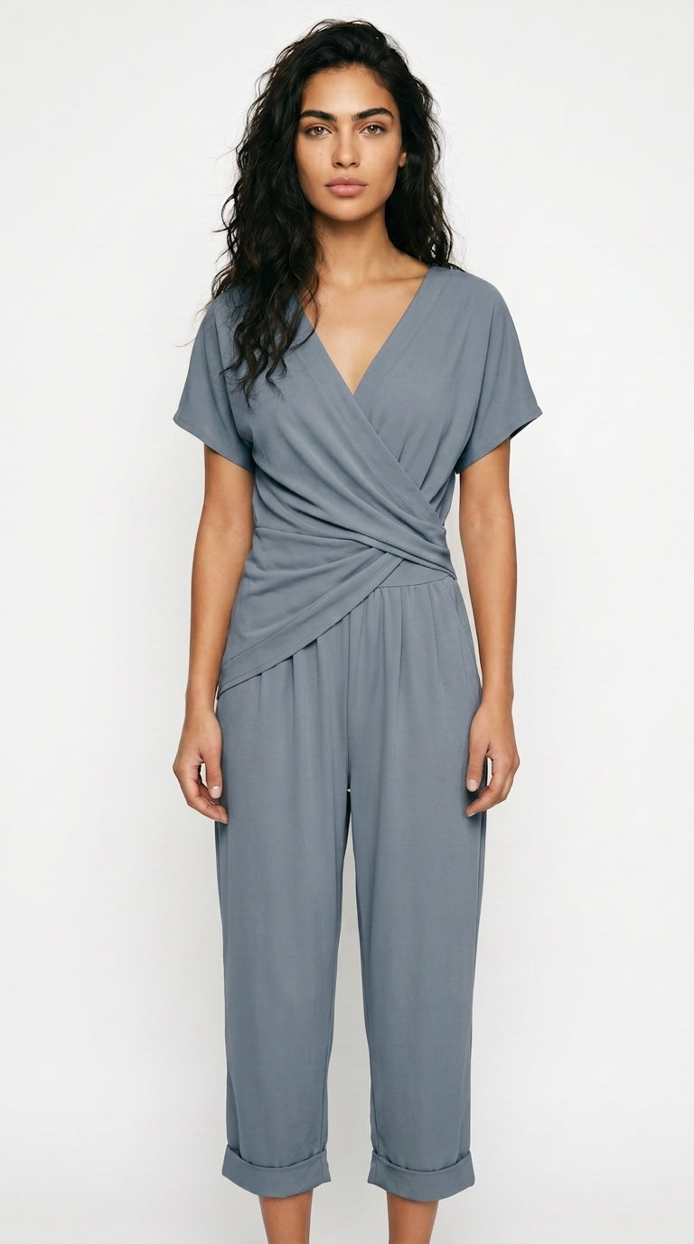 Women's Wrap Front Cropped Jumpsuit Short Sleeve