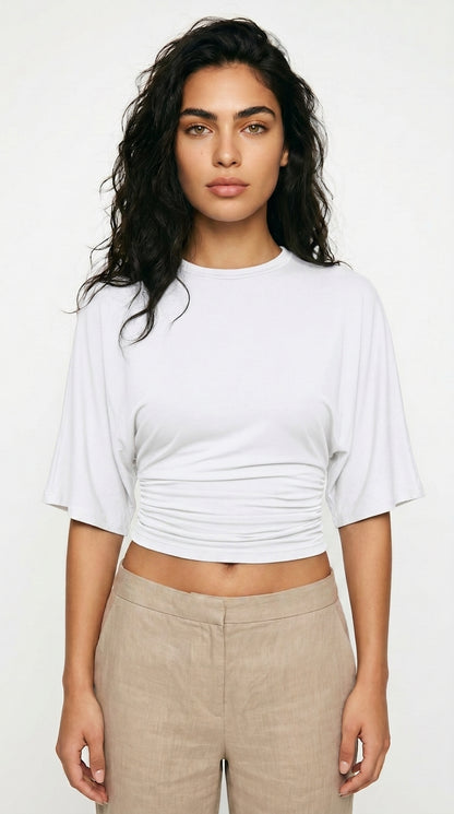 Women's Ruched Waist Crop Top Short Sleeve Black White