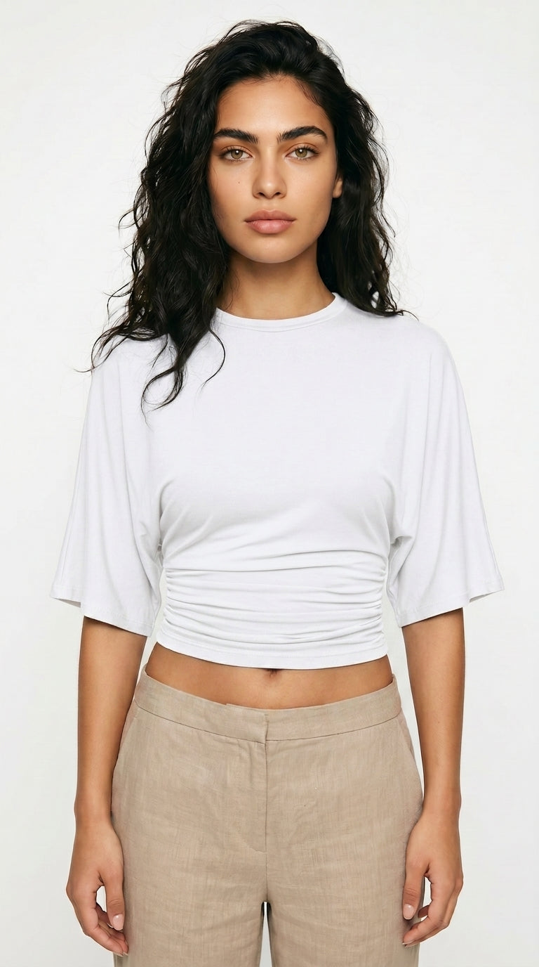 Women's Ruched Waist Crop Top Short Sleeve Black White