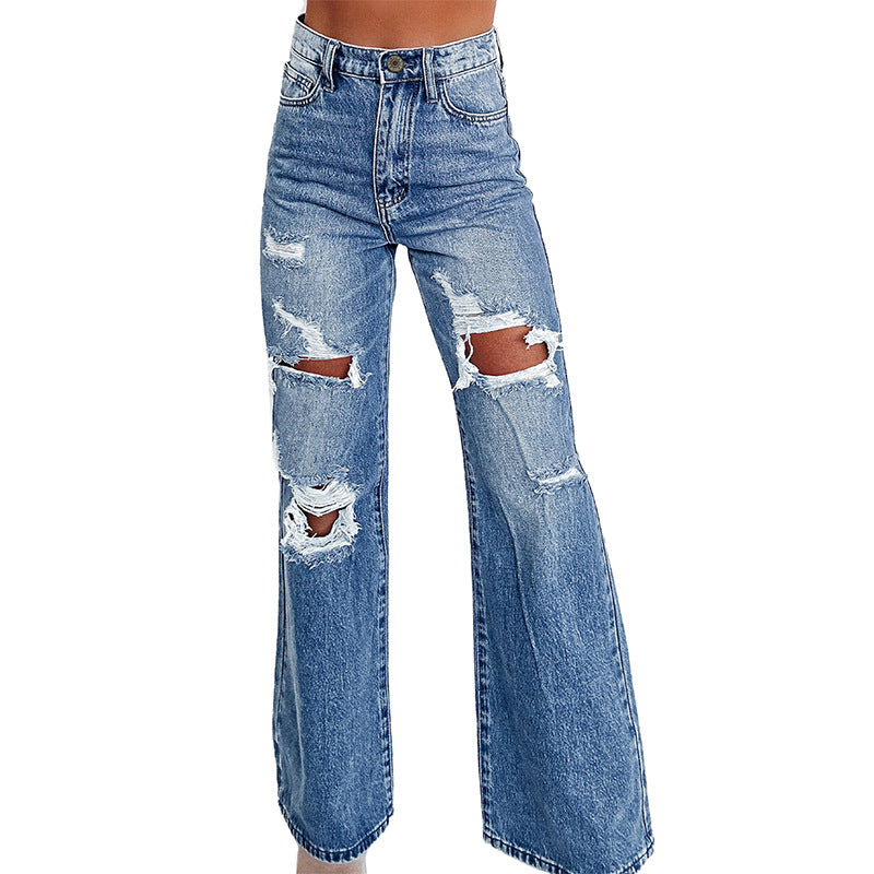 Women's High-Waist Wide Leg Ripped Denim Jeans Cotton