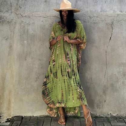 Women's Tie-Dye Kaftan Maxi Dress - Loose Fit, V-Neck Modest Cover-Up