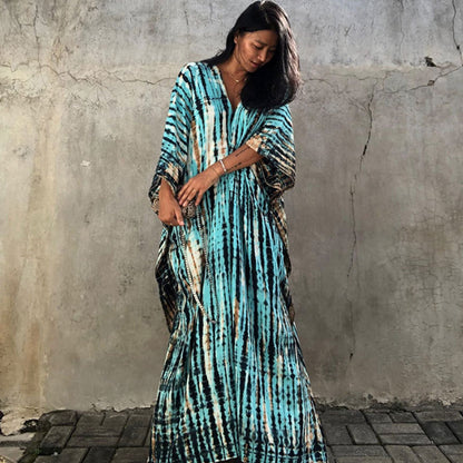 Women's Tie-Dye Kaftan Maxi Dress - Loose Fit, V-Neck Modest Cover-Up