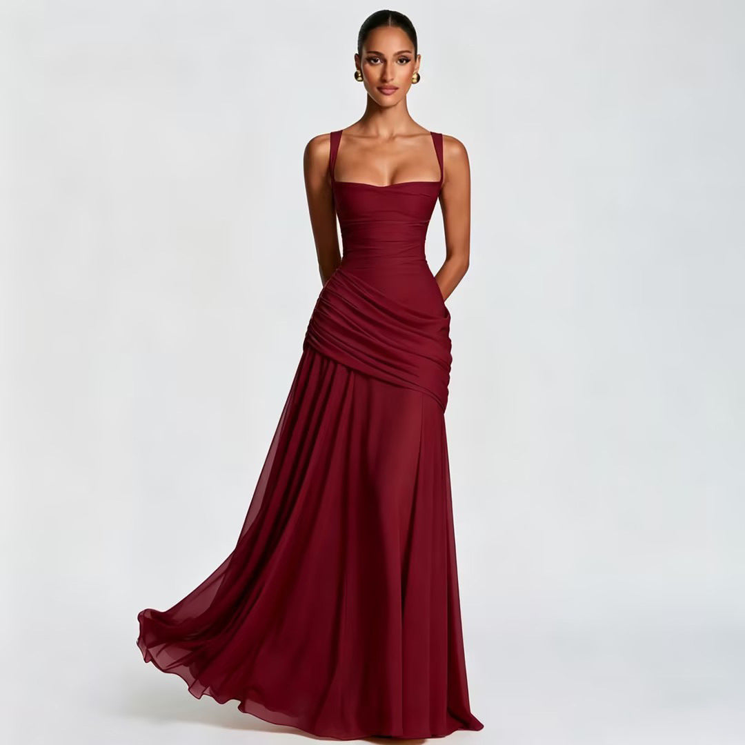 Women's Wedding Guest Dress – Ruched Square Neck Maxi Dress