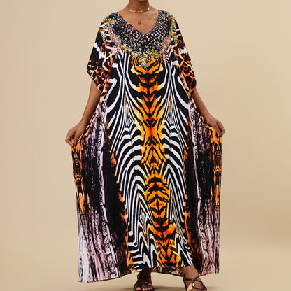 Women's Kaftan Maxi Dress - Loose Fit, V-Neck Cover-Up