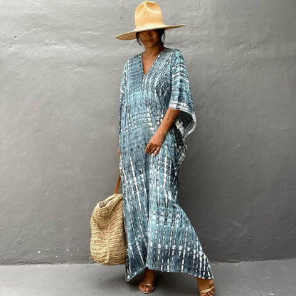 Women's Tie-Dye Kaftan Maxi Dress - Loose Fit, V-Neck Modest Cover-Up