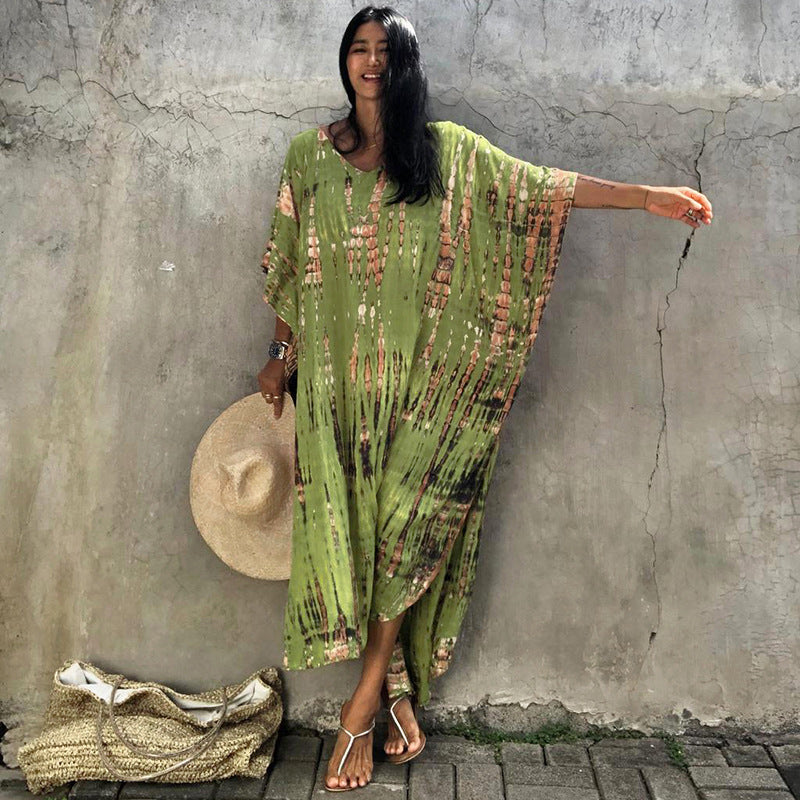 Women's Tie-Dye Kaftan Maxi Dress - Loose Fit, V-Neck Modest Cover-Up