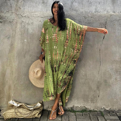 Women's Tie-Dye Kaftan Maxi Dress - Loose Fit, V-Neck Modest Cover-Up