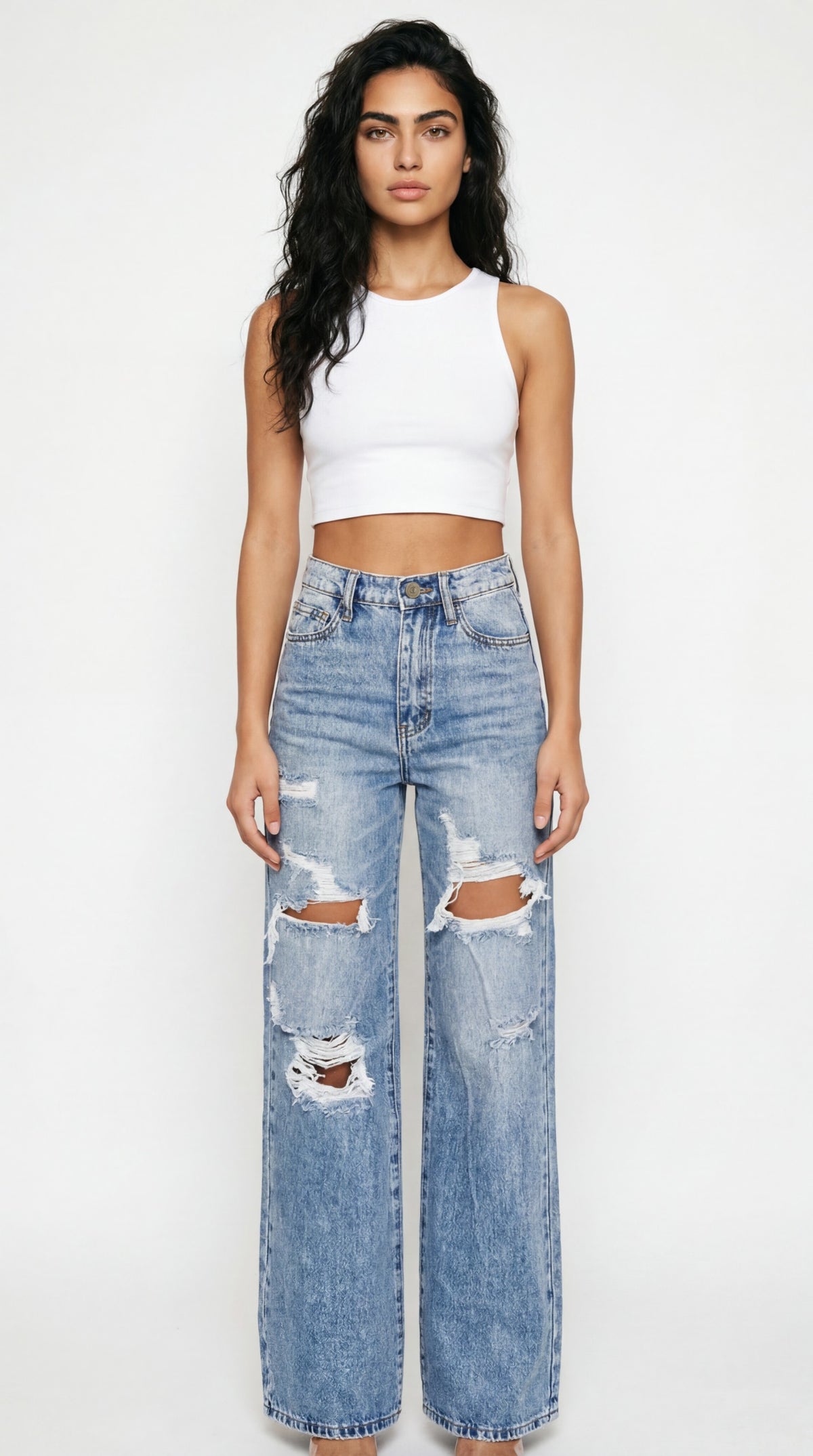 Women's High-Waist Wide Leg Ripped Denim Jeans Cotton