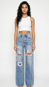 Women's High-Waist Wide Leg Ripped Denim Jeans Cotton