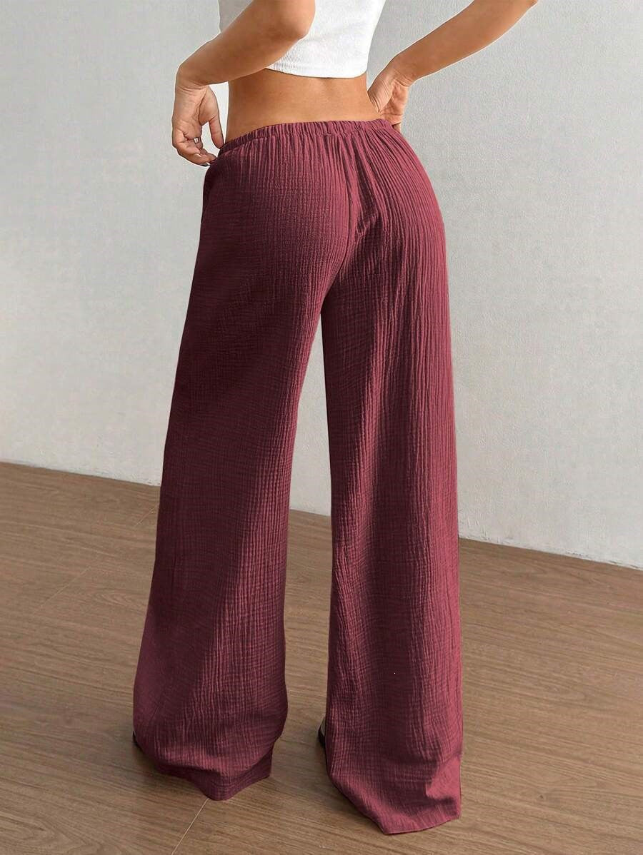 Women's Wide Leg Linen-Look Trousers – Elasticated Waist Relaxed Fit