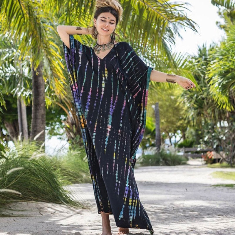 Women's Tie-Dye Kaftan Maxi Dress - Loose Fit, V-Neck Modest Cover-Up