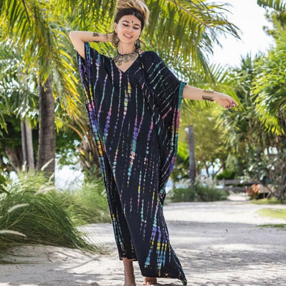 Women's Tie-Dye Kaftan Maxi Dress - Loose Fit, V-Neck Modest Cover-Up