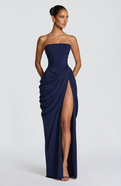 Strapless Draped Maxi Dress with High Slit – Women's