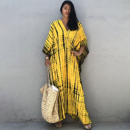 Women's Tie-Dye Kaftan Maxi Dress - Loose Fit, V-Neck Modest Cover-Up