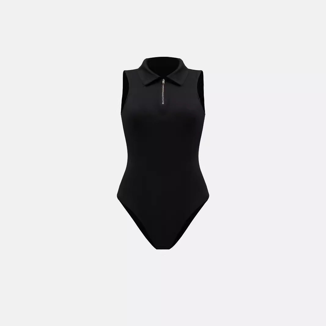 Women's Sleeveless Bodysuit – Collared Zip Up Bodysuit Top