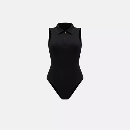 Women's Sleeveless Bodysuit – Collared Zip Up Bodysuit Top