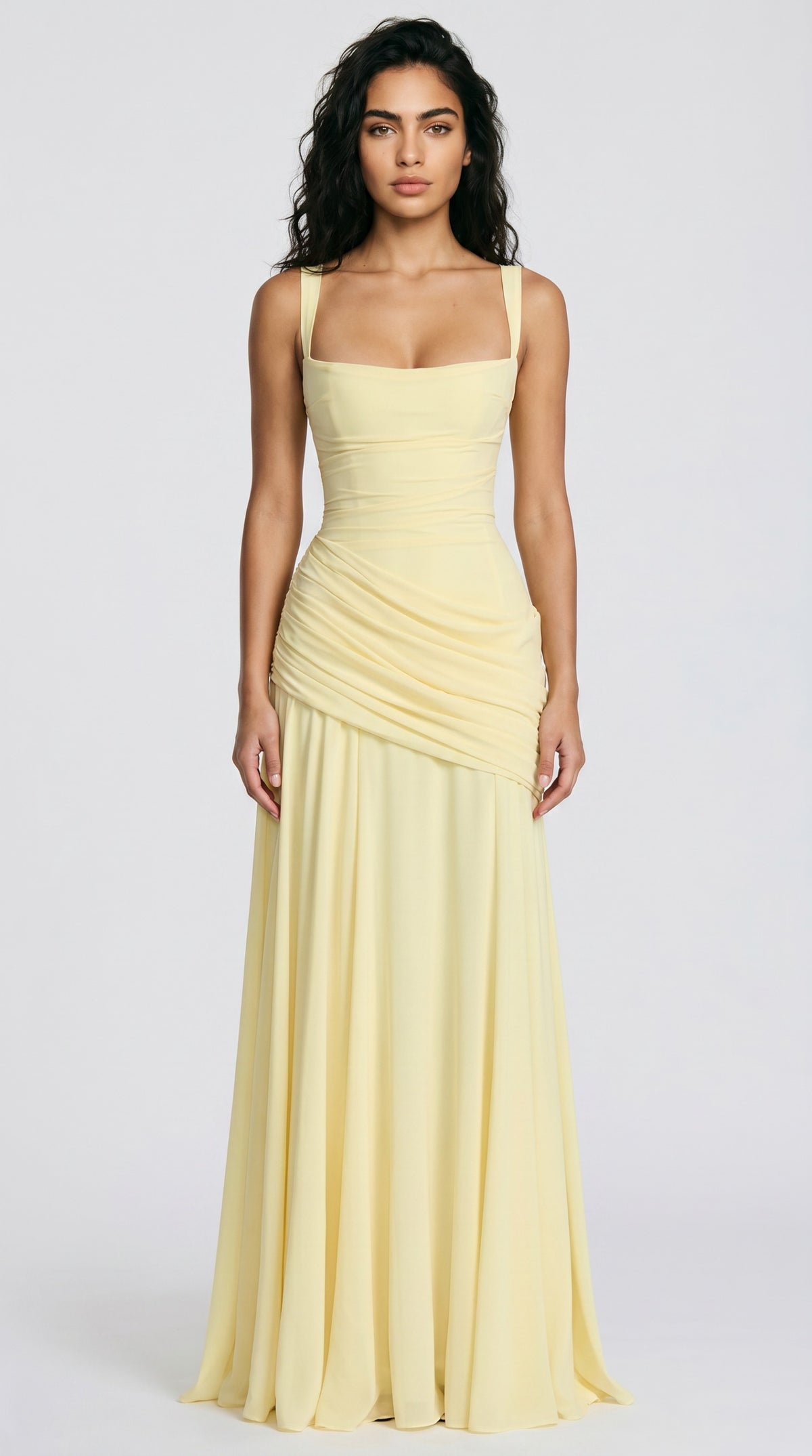 Women's Wedding Guest Dress – Ruched Square Neck Maxi Dress