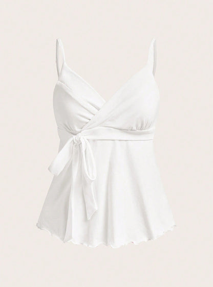 Women's Wrap Camisole Top with Tie Waist and Wavy Hem