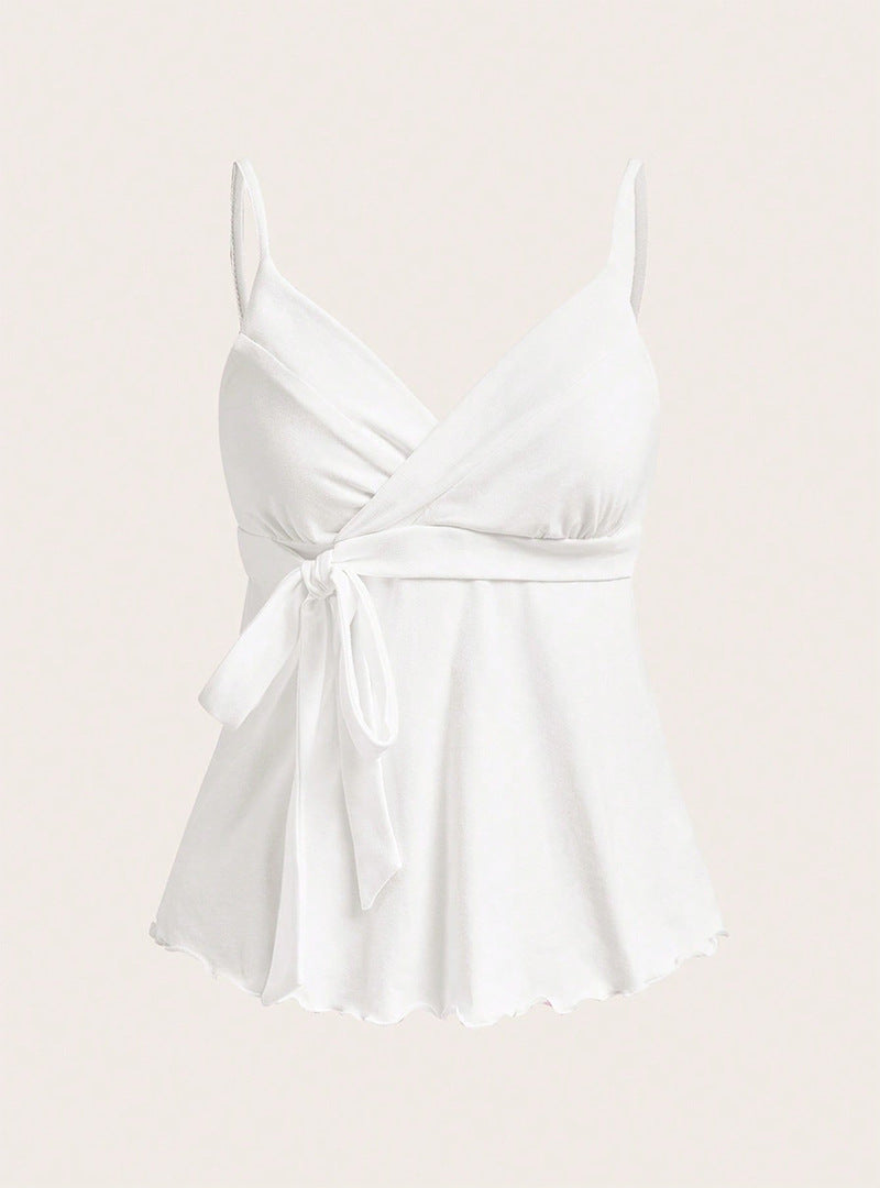 Women's Wrap Camisole Top with Tie Waist and Wavy Hem