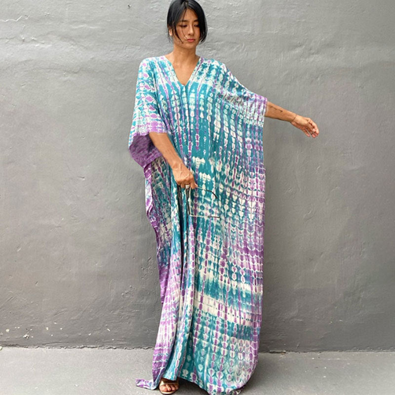 Women's Tie-Dye Kaftan Maxi Dress - Loose Fit, V-Neck Modest Cover-Up
