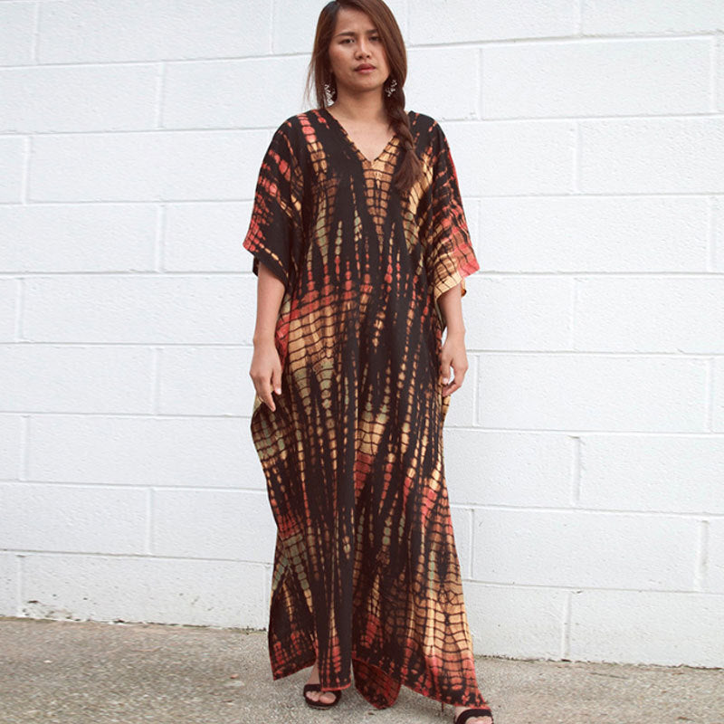 Women's Tie-Dye Kaftan Maxi Dress - Loose Fit, V-Neck Modest Cover-Up