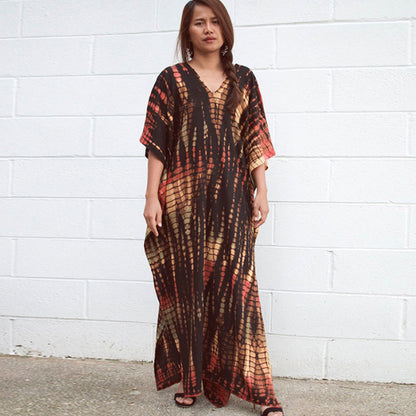 Women's Tie-Dye Kaftan Maxi Dress - Loose Fit, V-Neck Modest Cover-Up