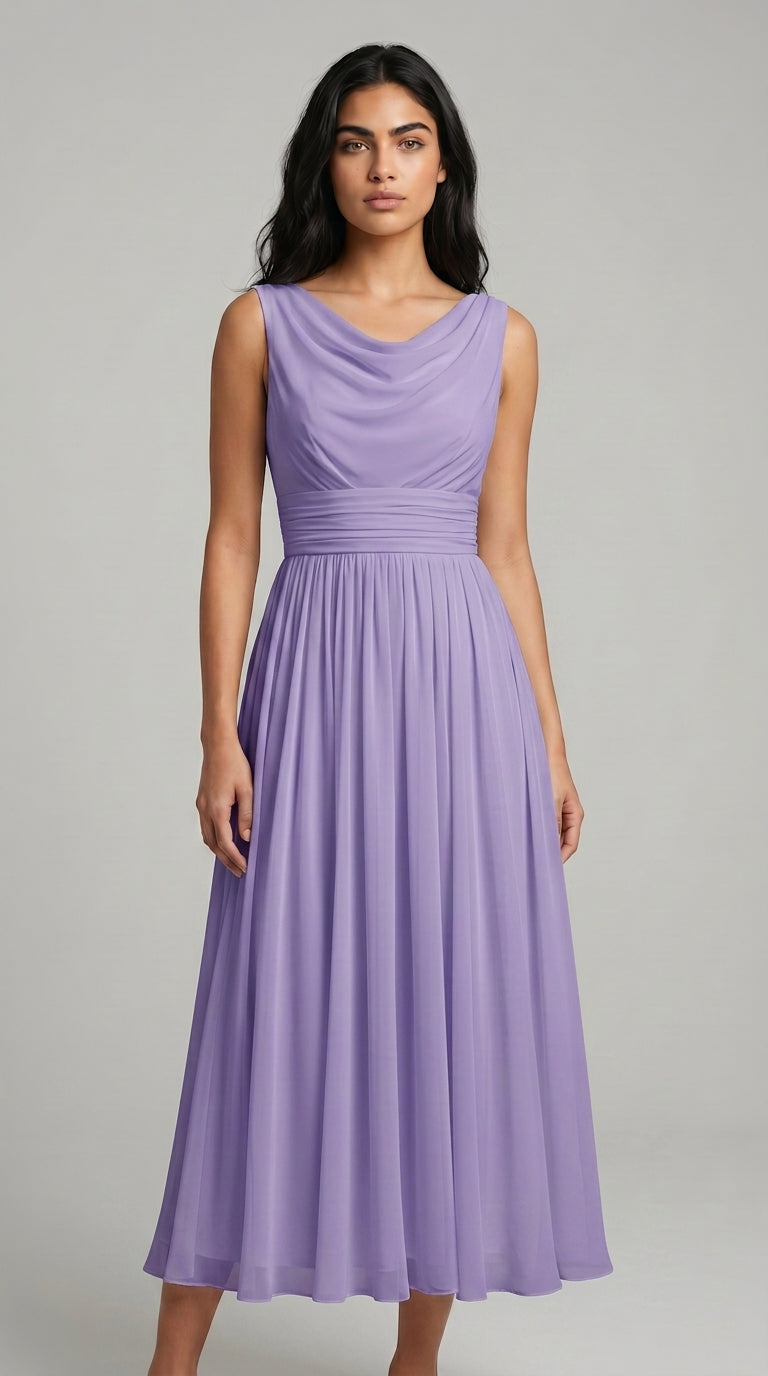 Women's Midi Dress – Pleated A-Line Summer Dress with Draped Neck