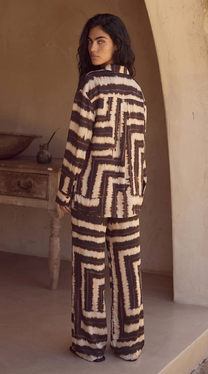 Women's Printed Wide-Leg Pants & Shirt Co-ord Set Brown