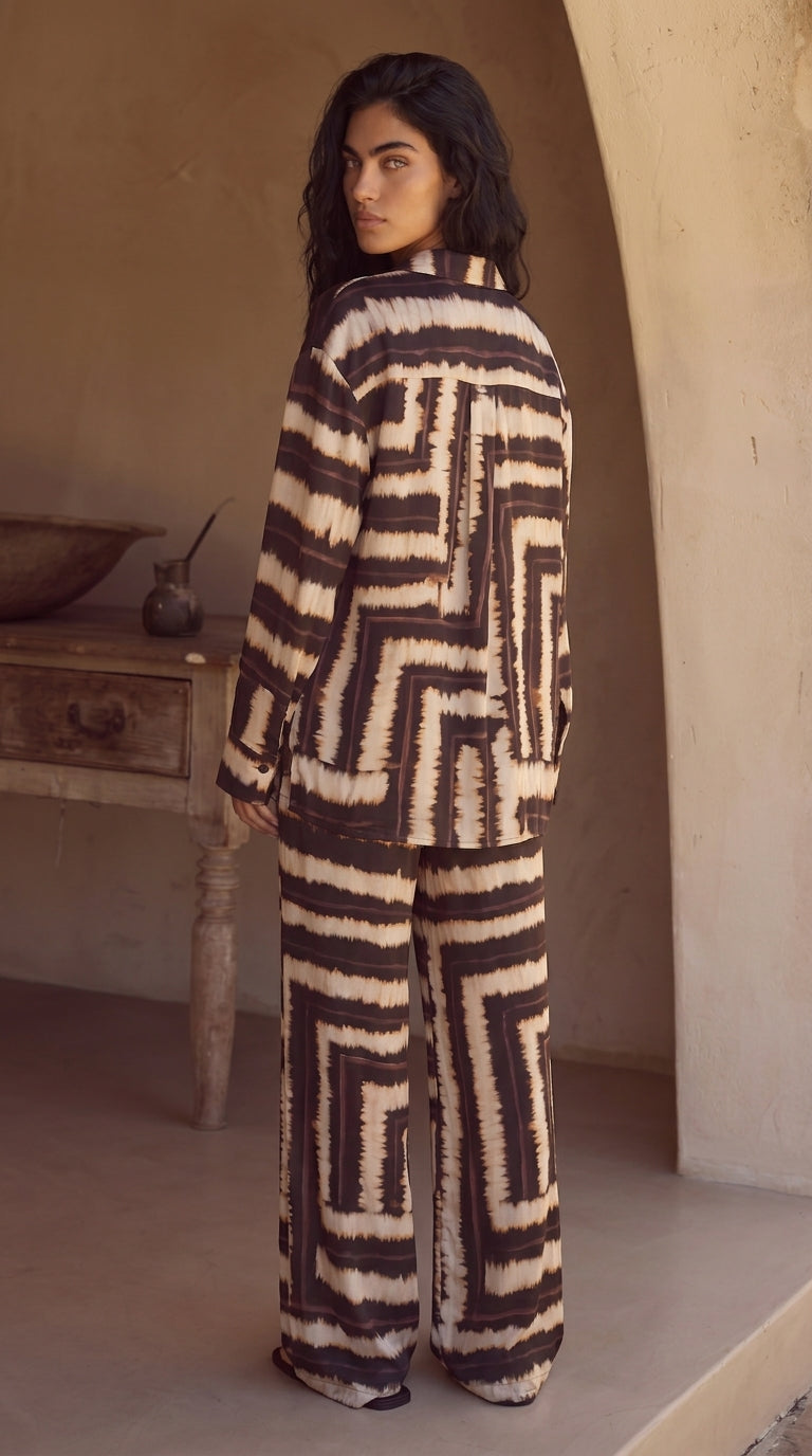Women's Printed Wide-Leg Pants & Shirt Co-ord Set Brown