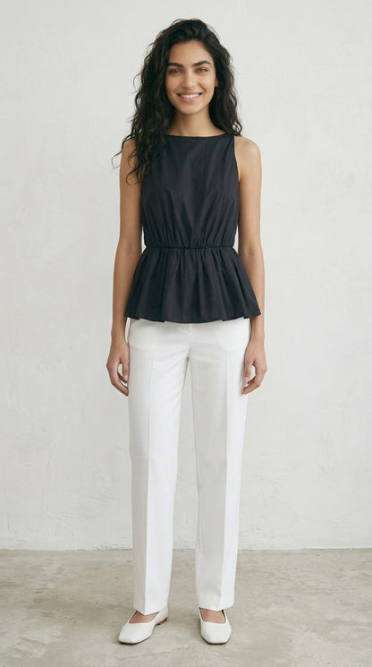 Black Cotton Peplum Top Sleeveless Bateau Neck Women